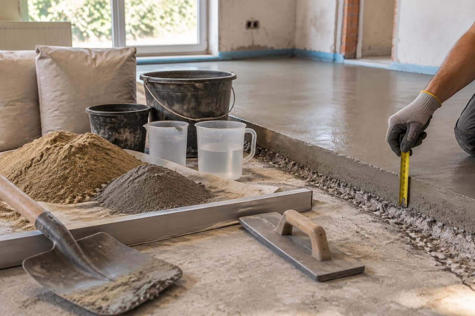 découvrez les proportions et le dosage nécessaires pour une chape de 5 cm, avec le calcul des quantités de ciment, de sable et d’eau.